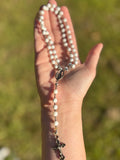 White Bead Rosary Silver Cross