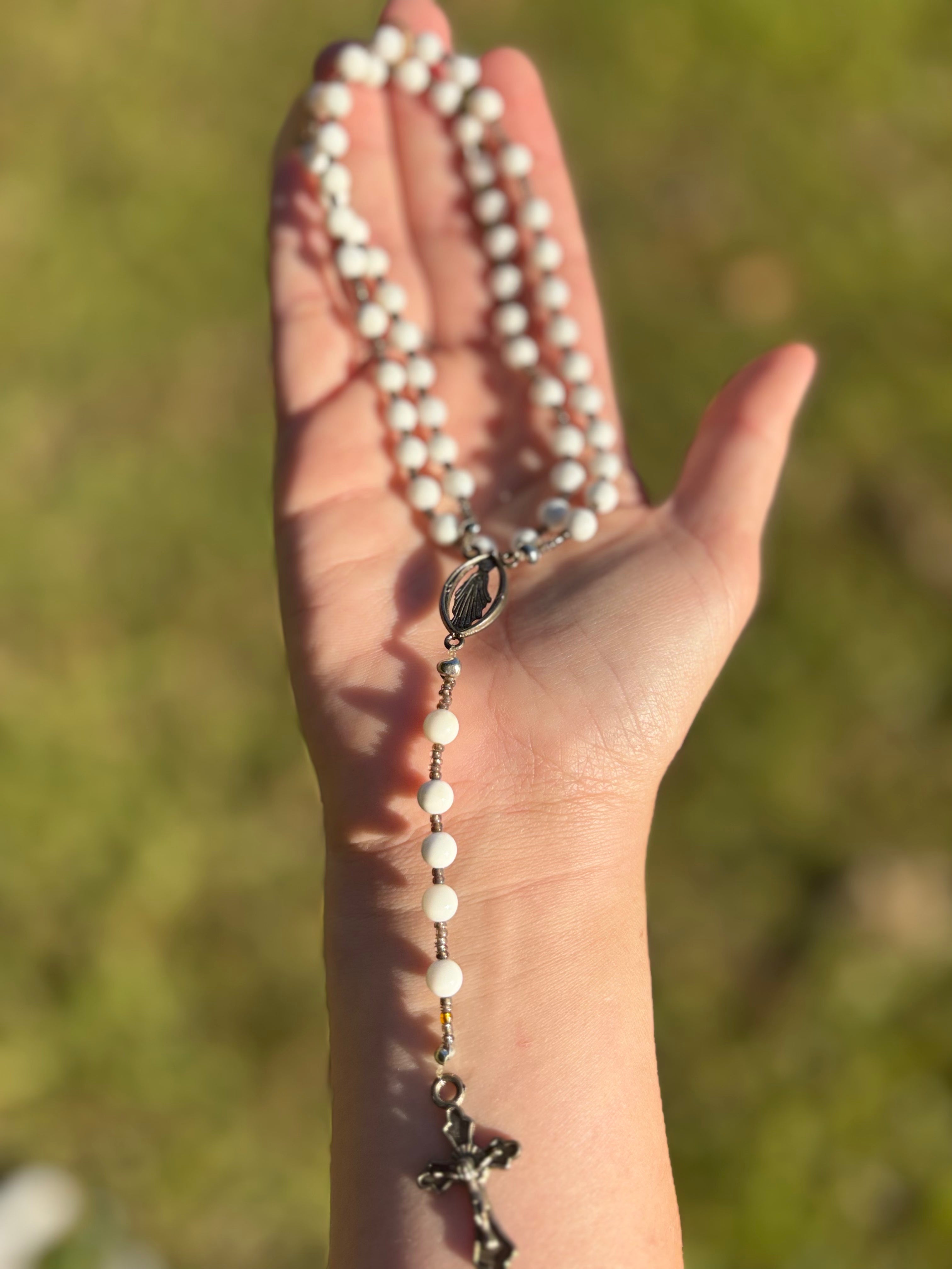 White Bead Rosary Silver Cross