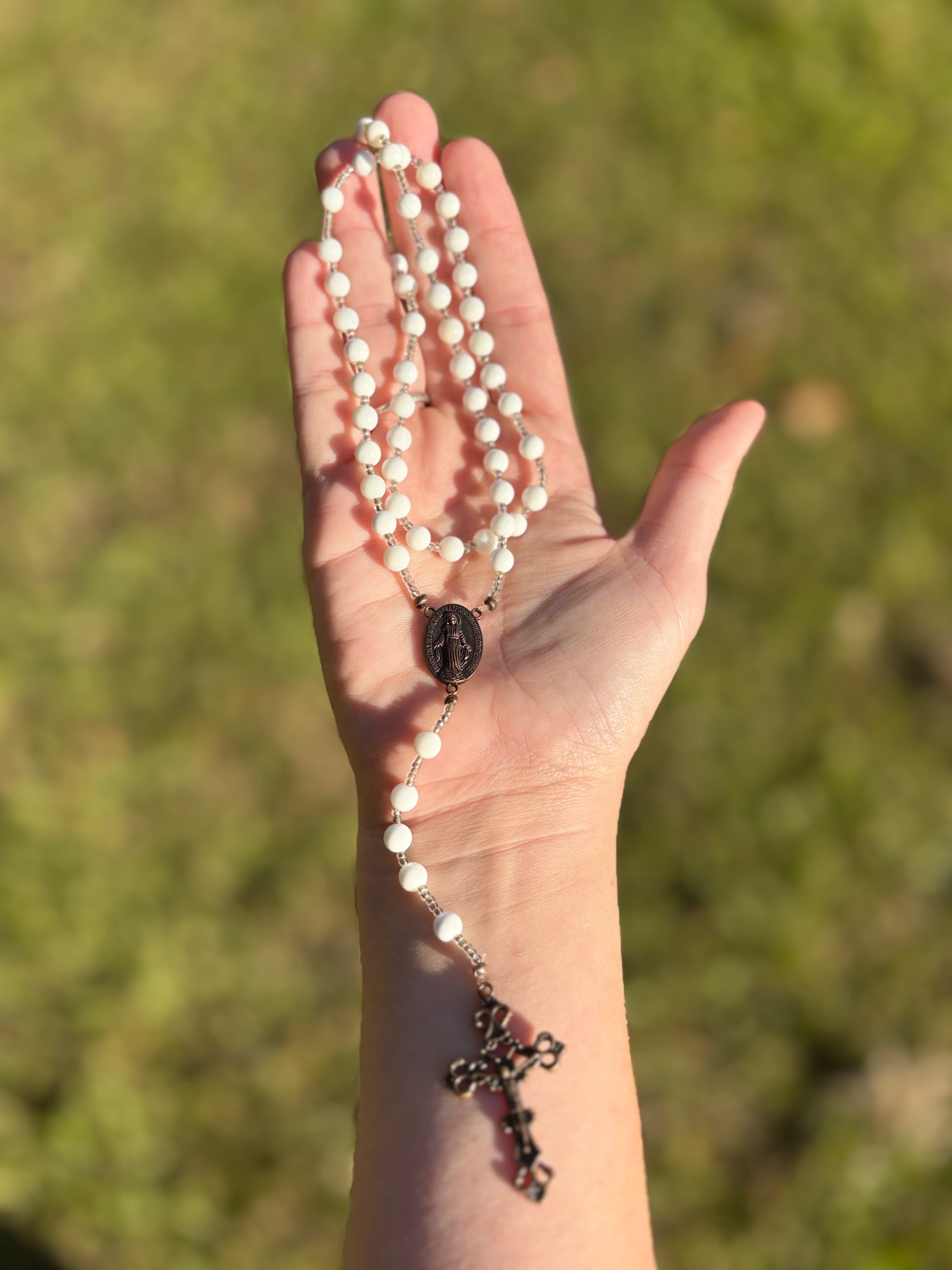 White Bead Rosary Bronze cross